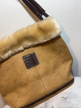 Liz Claiborne Mini Fur Trim Single Strap Suede Shoulder Bag Y2K/90s Vintage Bag